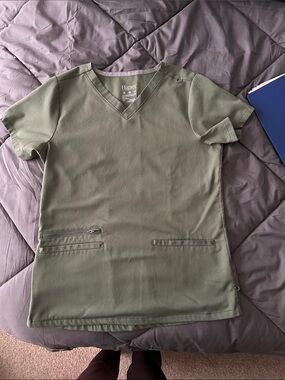 Hanes Olive V-Neck Scrub Top with Zip Pocket